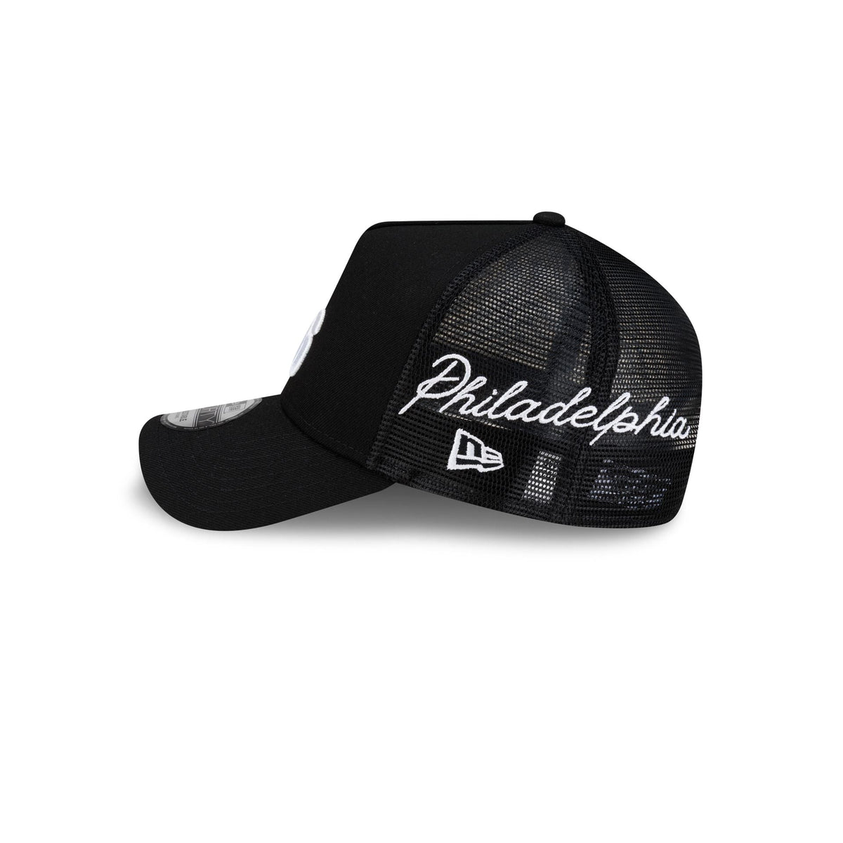 Philadelphia 76ers Side Script Black 9FORTY A-Frame Trucker Hat